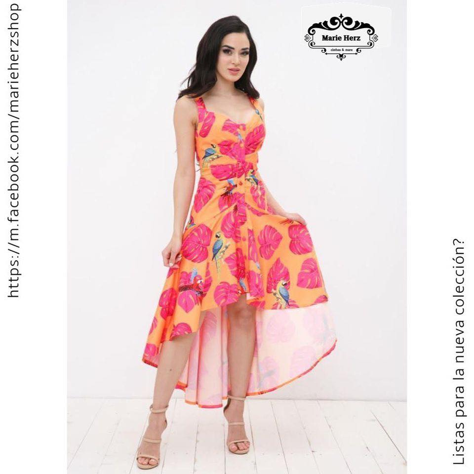 1055432  Vestido asimétrico naranja flores