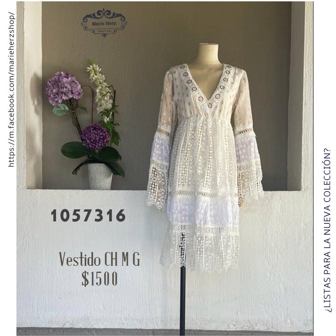 1057316  Vestido blanco encaje dorado
