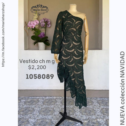 1058089  Vestido encaje hombro verde